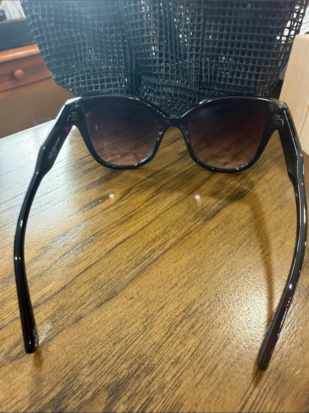 True Religion Black Cat-Eye Sunglasses with Gradient Purple Lenses